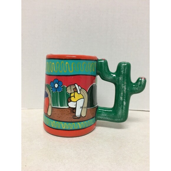 Tarro Cactus Mexican Clay Folk Art Hand Painted Pottery People Village Beer Mug - Picture 1 of 7